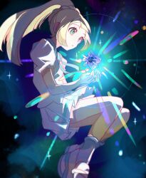 1girl absurdres anzu_(01010611) blonde_hair cosmoem cupping_hands eyelashes from_side gen_7_pokemon glowing green_eyes highres legendary_pokemon legs_together lillie_(pokemon) nintendo own_hands_together pleated_skirt pokemon pokemon_(creature) pokemon_sm ponytail shirt shoes short_sleeves skirt socks white_shirt white_shoes white_skirt white_socks