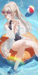 Rule 34 | 1girl, absurdres, bare legs, bare shoulders, black one-piece swimsuit, blonde hair, blue archive, blush, breasts, cleavage, eyewear on head, hair between eyes, halo, highleg, highleg one-piece swimsuit, highres, ikou (18 ikou), long hair, looking at viewer, nagisa (blue archive), nagisa (swimsuit) (blue archive), ocean, one-piece swimsuit, one eye closed, open mouth, ponytail, purple-tinted eyewear, shirt, solo, sunglasses, swim ring, swimsuit, tinted eyewear, white halo, white shirt, yellow eyes