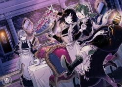 3girls animal_ears apron black_dress boots braid candle cat_ears chair crack desert dress dutch_angle food goth_fashion gothic_lolita green_hair grey_hair hgr_(higure) highres holding holding_tray indoors jumping lace-up_boots lantern lolita_fashion long_sleeves maid maid_apron maid_day maid_headdress mirror multiple_girls nekomata original pie pie_slice puffy_long_sleeves puffy_sleeves purple_eyes short_hair silk spider_web table tablecloth teapot tiered_tray tray twin_braids watermark