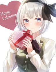 1girl aridamikannn black_bow black_bowtie black_hairband blue_eyes blush bow bowtie box closed_mouth collared_shirt commentary_request english_text green_vest grey_hair hairband happy_valentine heart-shaped_box highres konpaku_youmu long_sleeves looking_at_viewer shirt solo touhou valentine vest white_shirt