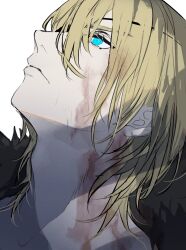 Rule 34 | 1boy, adam&#039;s apple, black fur, blonde hair, blood, blood on face, blue eyes, closed mouth, dimitri alexandre blaiddyd, dimitri alexandre blaiddyd (timeskip), eyelashes, eyepatch, fire emblem, fire emblem: three houses, head back, highres, looking up, male focus, medium hair, nintendo, one eye covered, profile, simple background, solo, tsukimura noe, upper body, white background