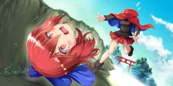 Rule 34 | 1girl, @ @, black shirt, blue sky, blush, boots, bow, breasts, brown boots, cape, chasing, cloud, commentary, day, disembodied head, english commentary, game cg, hair bow, headless, highres, hiura r, leg up, long sleeves, medium hair, miniskirt, official art, open mouth, outdoors, red cape, red eyes, red hair, red skirt, ribbon-trimmed bow, ribbon trim, running, sekibanki, shirt, skirt, sky, solo, tearing up, tears, third-party source, torii, touhou, touhou lostword
