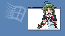 1girl ahoge apron blush bow bowtie braid commentary_request flying_sweatdrops green_eyes green_hair hair_bow highres index_fingers_together kasuya_baian long_hair looking_at_viewer me-tan microsoft_windows open_mouth os-tan puffy_short_sleeves puffy_sleeves red_bow red_bowtie short_sleeves solo sweatdrop twin_braids twintails very_long_hair white_apron window_(computing) windows_classic