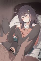 1boy 1girl absurdres black_pantyhose blush cardigan closed_eyes clothed_female_nude_male green_skirt hibi_wa_sugiredo_meshi_umashi highres holding_another&#039;s_ankle hood hoodie kawai_mako long_hair lying missionary motion_lines muke_(fz064) no_shoes nude on_back on_bed pantyhose pink_cardigan saliva sex shoes skirt soles solo_focus surprised tearing_up torn_clothes torn_pantyhose unworn_shoes vaginal white_hoodie