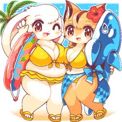 2girls animal_ears bikini blue_sarong blush breast_press breasts brown_eyes brown_fur cleavage commentary_request fat flower furry furry_female furry_with_furry hibiscus holding holding_swim_ring huge_breasts inflatable_toy innertube jaggy_lines large_breasts looking_at_viewer lowres multiple_girls oekaki original plump rabbit_ears rabbit_girl red_eyes sarong shortstack smile squirrel_ears squirrel_girl swim_ring swimsuit symmetrical_docking takiune white_fur yellow_bikini yuri