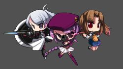 3girls aekashics angry atlas_academy_uniform beret braid braided_ponytail chibi deformed floating floating_hair grey_eyes grey_hair gun handgun hat long_hair looking_at_viewer melty_blood multiple_girls ponytail red_eyes riesbyfe_stridberg school_uniform shield sion_eltnam_(type-moon) sion_eltnam_atlasia skirt thighhighs true_apocrypha tsukihime twintails very_long_hair weapon yumizuka_satsuki