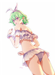1girl animal_ears artist_name bikini double-parted_bangs eiyuu_densetsu frilled_bikini frilled_wrist_cuffs frills green_hair hair_between_eyes looking_at_viewer musse_egret purple_eyes rabbit_ears sen_no_kiseki_(series) short_hair simple_background solo swimsuit white_background white_wrist_cuffs wrist_cuffs xiacheng_tatsuya