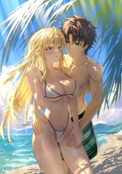 Rule 34 | 1boy, 1girl, ahoge, alternate hairstyle, artoria pendragon (fate), artoria pendragon (lancer) (fate), beach, bikini, black hair, blonde hair, blue eyes, blue sky, blush, breasts, cleavage, commentary, commission, day, english commentary, fate/grand order, fate (series), fujimaru ritsuka (male), fujimaru ritsuka (male) (brilliant summer), green eyes, hair between eyes, height difference, hetero, highres, large breasts, long hair, muscular, muscular male, navel, ocean, outdoors, parted bangs, sand, sky, stomach, sunlight, swimsuit, toomishou, topless male, underboob, very long hair, water, white bikini