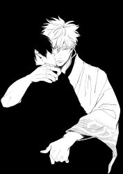 Rule 34 | 2boys, arm around shoulder, arm around waist, black background, closed mouth, commentary request, ghqjyu, gintama, greyscale, highres, hijikata toushirou, japanese clothes, layered clothes, long sleeves, looking ahead, male focus, monochrome, multiple boys, red eyes, sakata gintoki, short hair, simple background, spot color, wide sleeves