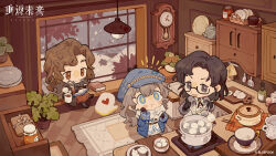 +_+ 3girls :d :t absurdres black_eyes black_footwear black_gloves black_hair blue_coat blue_eyes book bottle bowl braces brown_eyes brown_gloves brown_hair brown_jacket cabbie_hat carpet chibi clock coat coffee_mug cooking cooking_pot copyright_name copyright_notice cross_tie cup cupboard cushion cutting_board dress dumpling eating food from_above gloves grey_coat grey_hat hand_on_own_cheek hand_on_own_face hanging_light hat heart highres holding holding_book holding_cup holding_spoon index_finger_raised indoors jacket jiaozi kitchen logo looking_at_another looking_up marcus_(reverse:1999) mug multiple_girls notice_lines official_art open_book open_mouth plant plate potted_plant reading red_dress reverse:1999 scarf sitting sitting_in_window slice_of_life smile snow snowing speech_bubble spoken_heart spoon stove tangyuan teapot tooth_fairy_(reverse:1999) tree wall_clock wavy_hair white_dress white_scarf wooden_floor z_(reverse:1999)