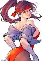 1girl absurdres ass back bandaged_hand bandages bare_shoulders breakers breasts brown_hair covered_navel from_behind hand_wraps headband heattech_leotard highleg highleg_leotard highres large_breasts leotard long_hair looking_at_viewer looking_back pantyhose playboy_bunny red_eyes red_leotard sideboob sleeveless sleeveless_jacket socks_over_pantyhose solo strapless strapless_leotard strikebeagle tia_langray turtleneck