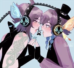 Rule 34 | 2boys, anemo symbol (genshin impact), arm tattoo, artist name, black hair, blue background, blue eyes, blue hair, blue nails, blush, butterfly wings, fangs, from side, genshin impact, gradient hair, headphones, headset, highres, holding hands, insect wings, magnet (vocaloid), male focus, monndei, multicolored hair, multiple boys, open mouth, parody, pink lips, shoulder tattoo, simple background, tattoo, venti (genshin impact), wings, xiao (genshin impact), yaoi, yellow eyes