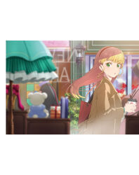 1girl artbook bag blonde_hair coat cup dress gift green_eyes hairband handbag heanna_sumire highres holding holding_cup jacket long_hair looking_at_viewer love_live! love_live!_superstar!! non-web_source orange_hairband red_hairband solo storefront stuffed_animal stuffed_toy teddy_bear