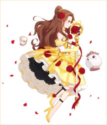 1girl adapted_costume beauty_and_the_beast_(disney) belle_(disney) brown_eyes brown_hair chip_potts choker commentary_request earrings elbow_gloves flower gloves hair_flower hair_ornament hakusai_(tiahszld) high_heels jewelry long_hair magical_girl mother_and_son mrs._potts objectification petals red_flower red_rose ribbon rose rose_petals simple_background smile solo staff white_background