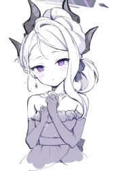 1girl ao_(mintz) bare_shoulders black_halo black_horns blue_archive blush demon_horns dress earrings elbow_gloves floating_earrings gloves halo hands_up hina_(blue_archive) hina_(dress)_(blue_archive) horns jewelry looking_at_viewer multiple_horns official_alternate_costume official_alternate_hairstyle purple_dress purple_eyes purple_gloves sidelocks simple_background solo spot_color strapless strapless_dress unfinished upper_body white_background