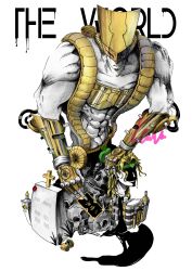 1boy abs absurdres black_blood blonde_hair blood cable character_name collarbone cross dio_brando english_text heart highres holding_detached_head jojo_no_kimyou_na_bouken kurobameiyos looking_at_viewer male_focus muscular oxygen_tank red_eyes scar scar_on_neck severed_head simple_background smile stand_(jojo) stardust_crusaders the_world tombstone upper_body white_background