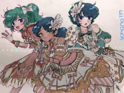 1girl 2boys :d :o artist_name bare_shoulders belt bindi black_hair blue_eyes blue_hair bow bowtie char&#039;s_counterattack closed_mouth criss-cross_halter crossdressing dark-skinned_female dark_skin detached_sleeves double_bun fake_wings feather_hair_ornament feathers fingerless_gloves frilled_gloves frilled_skirt frills gloves green_belt green_eyes green_gloves green_hair green_shirt green_sleeves gundam hair_bow hair_bun hair_ornament halterneck holding holding_microphone idol idol_clothes in-franchise_crossover kamille_bidan lalah_sune looking_at_viewer medium_hair microphone midriff mobile_suit_gundam multiple_boys navel neck_ribbon open_mouth orange_bow pink_ribbon pink_shirt pink_skirt quess_paraya ribbon shirt short_hair short_sleeves short_twintails simple_background skirt smile traditional_media trap twintails twitter_username white_bow white_feathers white_gloves white_skirt white_sleeves wings yugumi293 zeta_gundam