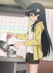 1girl black_hair black_shorts breasts chopsticks closed_mouth cooking cooking_pot cowboy_shot female_focus flower from_side grey_eyes hair_flower hair_ornament highres holding holding_chopsticks holding_cooking_pot indoors kitchen long_hair long_sleeves looking_at_object profile saten_ruiko shirt shorts sleepy_frippy slice_of_life small_breasts solo sweater tile_wall tiles toaru_kagaku_no_railgun toaru_majutsu_no_index very_long_hair white_flower white_shirt yellow_sweater