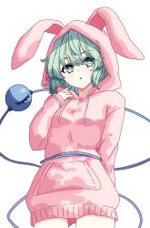 Rule 34 | 1girl, absurdres, alternate costume, animal ears, arm behind back, bunny day, commentary, eyeball, fake animal ears, green eyes, green hair, highres, hood, hood up, komeiji koishi, long sleeves, looking at viewer, open mouth, pajamas, pink pajamas, pioartstuff, rabbit ears, rabbit pajamas, simple background, solo, third eye, touhou, transparent background