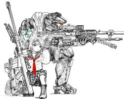 1boy 1girl absurdres aiming animal_ears anti-materiel_rifle armor barrett_m82 bike_shorts bike_shorts_under_skirt blue_archive boots crossover fox_ears fox_girl greyscale gun halo halo:_reach halo_(series) headband headset helmet highres holding holding_gun holding_weapon jun-a266 long_sleeves monochrome neckerchief on_one_knee otogi_(blue_archive) pleated_skirt red_neckerchief rifle sailor_collar school_uniform serafuku shiokaze1409 simple_background skirt sniper_rifle spot_color srs99 weapon