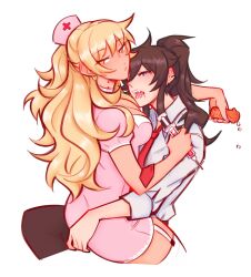 2girls aurora_(aurawra21) blonde_hair blood blood_from_mouth blue_eyes bottle breasts brown_hair brown_pants class_of_09 cleavage cosplay earrings fangs hair_bun hat highres holding holding_bottle holding_syringe jecka_(class_of_09) jewelry medicine_bottle multiple_girls necktie nicole_(class_of_09) nurse nurse_cap pants red_necktie shirt sitting sitting_on_lap sitting_on_person syringe tan thighhighs white_shirt white_thighhighs yellow_eyes yuri