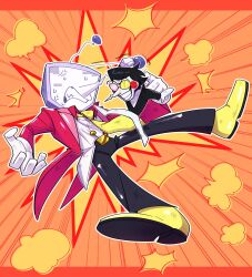 2boys anger_vein ant_tenna antenna_grab belt_buckle black_hair black_jacket black_pants buckle clenched_teeth colored_skin crt deltarune dirty dirty_clothes fighting full_body gloves heterochromatic_eyewear highres jacket male_focus multiple_boys necktie object_head orange_background pants pointy_nose rererenore_i round_eyewear shirt shoes short_hair spamton_g._spamton sweat tailcoat teeth tinted_eyewear white_gloves white_pants white_shirt white_skin yellow_necktie yellow_shoes