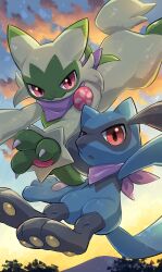 animal_hands blue_fur cloud cloudy_sky creatures_(company) floragato game_freak gen_4_pokemon green_fur highres jumping nintendo nullma pokemon pokemon_(creature) pokemon_focus red_eyes riolu scarf sky sunset