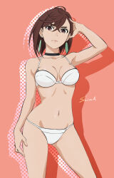 1girl arm_at_side armpits ayase_momo black_choker bra breasts brown_eyes brown_hair choker cleavage collarbone crossed_bangs dandadan earrings eyebrows eyelashes female_focus fingernails groin hair_between_eyes hand_on_own_head hand_up highres jewelry legs looking_at_viewer matching_hair/eyes matching_underwear medium_breasts medium_hair midriff navel neck official_underwear orange_background panties pendant serious shiima sidelocks signature standing string_panties swept_bangs thighs underwear underwear_only v-shaped_eyebrows white_bra white_panties