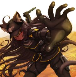 Rule 34 | 1girl, absurdres, ahoge, animal ears, armor, baseball cap, black gloves, black hair, born-to-die, cat ears, cat girl, cat tail, closed eyes, combat knife, ears through headwear, gloves, hat, helldiver (helldivers), helldivers (series), highres, holding, holding knife, knife, long hair, meme, pepe punch (meme), shoulder armor, smile, solo, tail, weapon