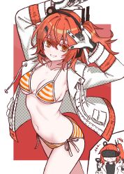 1girl \m/ a.i._voice absurdres adachi_rei arms_up bikini breasts collarbone cowboy_shot grin hair_between_eyes hair_ornament head-mounted_display headphones headset highres jacket long_sleeves looking_at_viewer medium_breasts multiple_views navel noir_(noire6959) open_clothes open_jacket orange_bikini orange_eyes red_hair revision short_hair side_ponytail smile striped_bikini striped_clothes swimsuit teeth utau white_bikini white_jacket