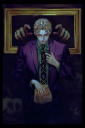 1boy bag blonde_hair book cheekbones collared_shirt diamond_wa_kudakenai disembodied_hand formal_clothes green_shirt highres holding holding_bag jacket jojo_no_kimyou_na_bouken kira_yoshikage looking_at_viewer lu_cy_6 male_focus necktie painting_(object) picture_frame pinstripe_pattern pinstripe_shirt purple_eyes purple_jacket shirt short_hair skull solo striped_clothes striped_shirt suit