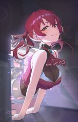 1girl ascot bare_shoulders breasts cleavage closed_mouth commentary from_side hair_ribbon hetero heterochromia highres hololive houshou_marine houshou_marine_(1st_costume) large_breasts looking_at_viewer medium_hair red_ascot red_eyes red_hair red_ribbon reulem ribbon see-through_clothes see-through_cleavage short_hair skirt sleeveless smile solo through_medium through_screen twintails virtual_youtuber yellow_eyes