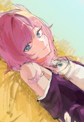 1girl blue_eyes blue_sky coat cyrene_(honkai:_star_rail) dress hair_ornament highres honkai:_star_rail honkai_(series) jewelry looking_at_viewer lying medium_hair necklace on_back outdoors pink_hair purple_coat sky smile solo suzu_(0943_su) wheat wheat_field white_dress