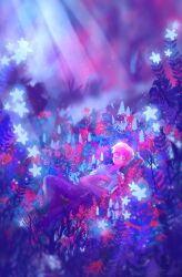 Rule 34 | 1boy, arm around waist, artist name, blonde hair, book, closed eyes, field, flower, flower field, full body, glasses, hand on own chest, holding, holding book, knee up, leaf, lily (flower), lying, on back, original, painterly, scenery, short hair, signature, solo, subsurface scattering, zandra