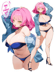 1girl :3 armpit_crease artist_name belly bikini black_choker blue_bikini blue_shirt blue_shoes blush breasts choker cleavage closed_mouth collarbone collared_shirt commentary cropped_legs eden_(shiroki_yuutsu) english_commentary english_text fingernails flower-shaped_hair flying_sweatdrops front-tie_bikini_top front-tie_top full_body hand_on_own_head heart high_heels highres huge_breasts knees long_sleeves looking_at_viewer medium_hair multiple_views nail_polish navel open_clothes open_mouth open_shirt original pink_hair pink_lips pink_nails shirt shoes side-tie_bikini_bottom simple_background smile solo_focus stomach sweat swimsuit teeth thighs upper_teeth_only vanilla_(eden_(shiroki_yuutsu)) white_background yellow_eyes