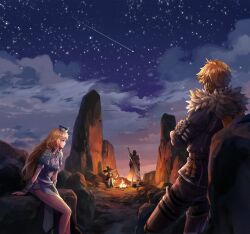 2boys 2girls artist_request belt black_capelet black_shoes black_skirt blonde_hair blue_dress blue_eyes brown_hair campfire capelet cleo_(king&#039;s_raid) cloud cloudy_sky coat commentary commentary_request dress english_commentary frey_(king&#039;s_raid) from_behind fur-trimmed_jacket fur_trim grey_jacket hat highres hood jacket kasel_(king&#039;s_raid) king&#039;s_raid korean_commentary kunai long_hair miniskirt mixed-language_commentary multiple_boys multiple_girls night official_art orange_scarf pelvic_curtain petticoat pink_hair red_shirt roi_(king&#039;s_raid) scarf second-party_source shirt shoes shooting_star sitting skirt sky smile socks star_(sky) starry_sky sword sword_on_back very_long_hair weapon weapon_on_back white_coat white_hat white_socks