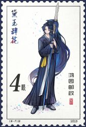 Rule 34 | 1girl, black hanfu, black shoes, blue eyes, blue hair, blue sash, chinese clothes, closed mouth, flaw eight, full body, hanfu, high ponytail, holding, holding polearm, holding weapon, limbus company, lin daiyu (project moon), long hair, long sleeves, polearm, ponytail, postage stamp, project moon, qiang (weapon), sash, shoes, solo, spear, standing, weapon, wide sleeves, yesa robe