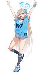 1girl alternate_costume arms_up asuna_(blue_archive) asymmetrical_bangs black_choker black_socks blue_archive blue_bow blue_eyes blue_halo blue_nails blue_scrunchie blue_shirt blue_shoes bow bra_strap breasts brown_hair choker cleavage clenched_hands collarbone commentary_request earrings facepaint fingernails full_body grey_shorts hair_bow hair_over_one_eye hair_over_shoulder half_updo halo highres jewelry kneehighs long_bangs long_hair looking_at_viewer loose_clothes loose_shirt nail_polish negister one_eye_covered open_mouth print_shirt scrunchie shirt shirt_partially_tucked_in shoes short_shorts short_sleeves shorts simple_background sneakers socks stud_earrings t-shirt tongue very_long_hair white_background wrist_scrunchie