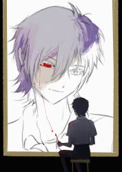 2boys black_background black_pants colored_eyelashes film_grain from_behind grey_hair hair_between_eyes highres holding holding_paintbrush ikari_shinji inset_border male_focus multiple_boys nagisa_kaworu neon_genesis_evangelion outside_border paintbrush painting_(action) painting_(object) pants partially_colored picture_frame red_eyes shirt simple_background white_background white_shirt yexuan825
