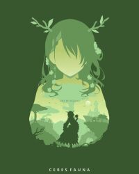 1girl artist_name braid building ceres_fauna ceres_fauna_(1st_costume) character_name dress earrings green_theme highres hololive hololive_english jewelry multiple_views rezami shooting_star silhouette single_braid single_earring standing star_(sky) tree tree_horns virtual_youtuber