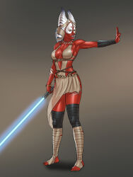 1girl absurdres alien blue_lightsaber breasts colored_skin energy_sword gradient_background highres holding holding_sword holding_weapon invictarex jedi lightsaber medium_breasts red_skin shaak_ti solo star_wars stirrup_legwear sword toeless_legwear togruta weapon
