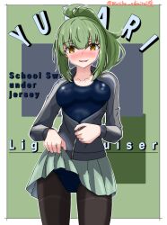 Rule 34 | 1girl, adapted costume, blue one-piece swimsuit, blush, bow, breasts, brown eyes, character name, cowboy shot, green background, green hair, hair bow, hair ribbon, highres, ibispaint (medium), jacket, kantai collection, long hair, long sleeves, looking at viewer, medium breasts, official alternate costume, one-piece swimsuit, open mouth, pantyhose, pantyhose under swimsuit, pleated skirt, ponytail, ribbon, school swimsuit, school uniform, serafuku, skirt, smile, solo, swimsuit, swimsuit under clothes, twitter username, wachiku, yuubari (kancolle)