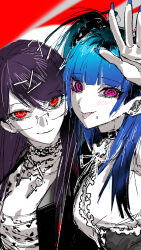 2girls amemiya_darumi black_collar black_hair black_jacket blue_hair blue_nails bow close-up collar ear_piercing face_piercing glasses grey_background highres jacket jewelry lazychaidui lip_piercing looking_at_viewer multicolored_hair multiple_girls necklace piercing pink_eyes purple_hair red_background red_eyes shirt shizuhara_hiruko the_hundred_line_-last_defense_academy- tongue tongue_out twintails white_shirt