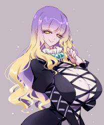 Rule 34 | 1girl, bead necklace, beads, black dress, blonde hair, breasts, closed mouth, commentary request, dress, eyelashes, fingernails, gradient hair, grey background, hand up, highres, hijiri byakuren, huge breasts, jewelry, juliet sleeves, long fingernails, long hair, long sleeves, looking at viewer, multicolored hair, necklace, puffy sleeves, purple hair, raptor7, sidelocks, simple background, smile, solo, standing, touhou, two-tone dress, wavy hair, white dress, yellow eyes