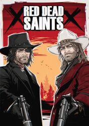 2boys absurdres arthur_morgan beard black_coat black_gloves black_hat boondock_saints border closed_mouth coat copyright_name cowboy_hat eyepatch facial_hair full_beard gloves gun handgun hat highres holding holding_gun holding_weapon john_marston looking_at_viewer male_focus multiple_boys nyeigneous red_coat red_dead_redemption_(series) red_dead_redemption_2 weapon white_border white_hat