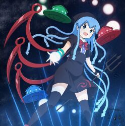 1girl asymmetrical_wings black_dress black_hat black_thighhighs blue_eyes blue_hair blue_sky blue_wings bow bowtie breasts buttons center_frills commentary_request cosplay dress feet_out_of_frame frills hat highres holding holding_polearm holding_weapon houjuu_nue houjuu_nue_(cosplay) ikamusume kurumimi_birb long_hair looking_at_viewer open_mouth polearm red_bow red_bowtie red_wings shinryaku!_ikamusume short_sleeves sky small_breasts smile snake solo standing star_(sky) starry_sky tentacles thighhighs tomoe_(symbol) touhou trident ufo weapon wings wristband