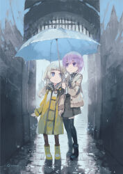 2girls a.i._voice alley black_footwear black_thighhighs black_undershirt blunt_bangs bob_cut boots brick_road brown_cardigan cardigan closed_mouth commentary_request commission day expressionless eye_contact full_body gate grey_hair grey_serafuku grey_skirt highres holding holding_hands holding_umbrella hood hood_down hooded_coat iroikkai kizuna_akari kizuna_akari_(tsubomi) long_hair long_sleeves looking_at_another multiple_girls open_cardigan open_clothes outdoors purple_eyes purple_hair rain raincoat reflective_ground rubber_boots school_uniform serafuku shared_umbrella short_hair skeb_commission skirt smile standing thighhighs umbrella voiceroid wet_ground yellow_raincoat yuzuki_yukari yuzuki_yukari_(shizuku)