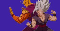 2boys 5002_bus absurdres antennae clenched_hand colored_skin cowboy_shot dougi dragon_ball dragon_ball_super dragon_ball_super_super_hero fighting_stance gohan_beast grey_hair highres long_hair male_focus multiple_boys muscular muscular_male no_eyes orange_piccolo orange_skin pants piccolo pointy_ears purple_background purple_pants purple_shirt red_eyes red_sash sash shirt simple_background son_gohan v-neck