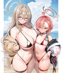 2girls akane_(blue_archive) beach bikini black_choker blonde_hair blue_archive blue_sky blush braid breasts brown_eyes choker cloud day earrings flat_chest glasses grin halo highleg highleg_bikini highres huge_breasts jacket jewelry long_hair looking_at_viewer micro_bikini multiple_girls navel neru_(blue_archive) off_shoulder oni-noboru outdoors pink_eyes pink_hair single_braid sky smile stomach stud_earrings swimsuit thigh_strap thighs very_long_hair wet