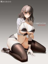 1girl absurdres artist_name black_bra black_panties black_thighhighs blush bra breasts brown_eyes brown_hair cleavage closed_mouth commentary english_commentary full_body grey_background hand_on_floor hand_on_own_chest highres kneeling large_breasts long_hair long_sleeves looking_at_viewer louu_heroo navel original panties race_queen shoes simple_background smile solo thighhighs thighs underwear white_shoes white_wrist_cuffs wrist_cuffs
